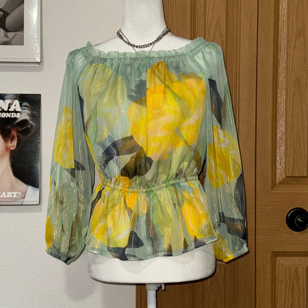 White Houses Black Market Off Shoulder Blouse Size XS Boho Fairy Yellow Teal - Picture 2 of 10